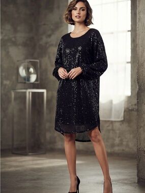 Black Long-Sleeve Sequin Shift Dress